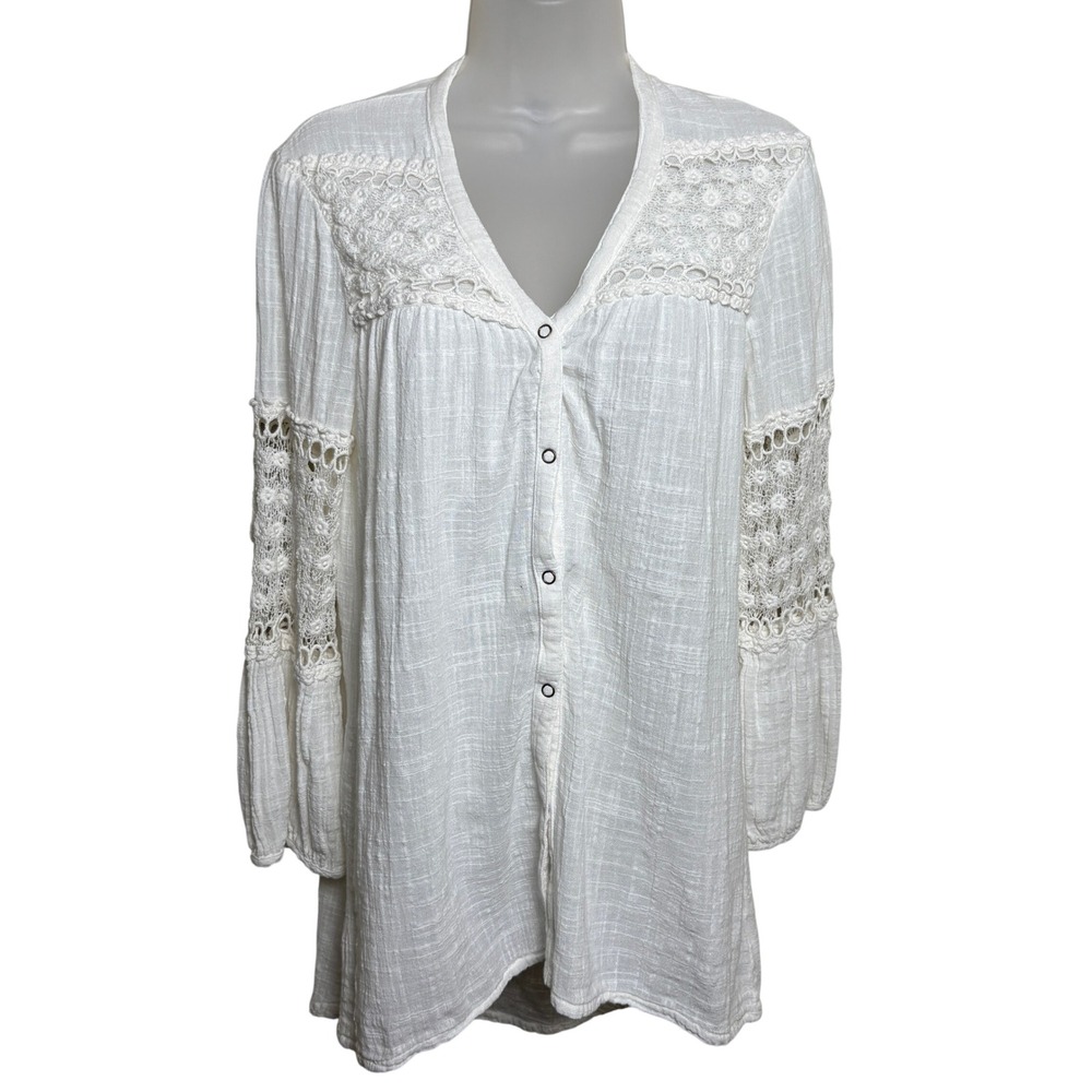 XCVI Off White Gauze  Crochet Lace Button Front Peasant Blouse Tunic Top Women S